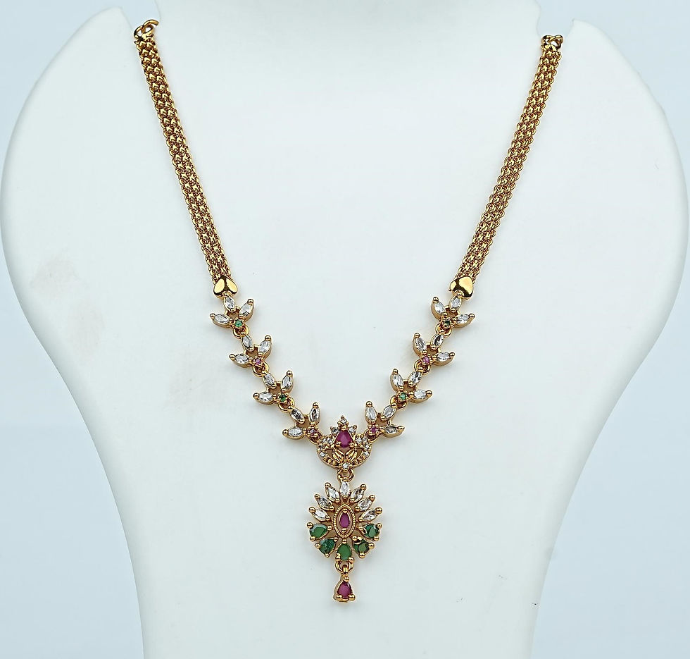 1 Gram Gold Plated Ruby Emerald AD Studded Mesh Chain Necklace for Women