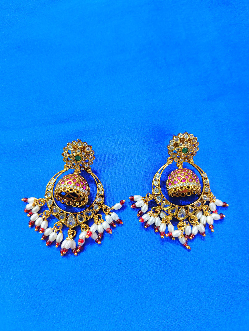 Thumbnail: 1 Gram Gold Plated AD CZ Studded Designer Jhumka Chand Baali Earrings for Women & Girls