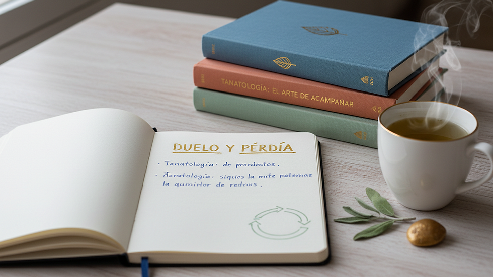 Plano detalle de libros y cuaderno abierto sobre tanatología en un escritorio