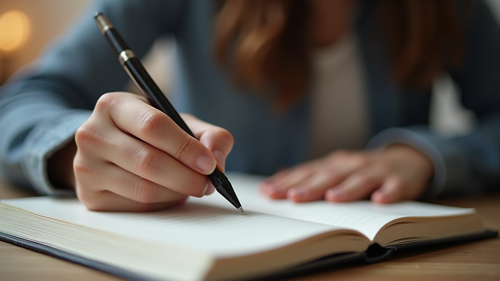 Plano medio de una persona escribiendo en un cuaderno durante una sesión de terapia en línea