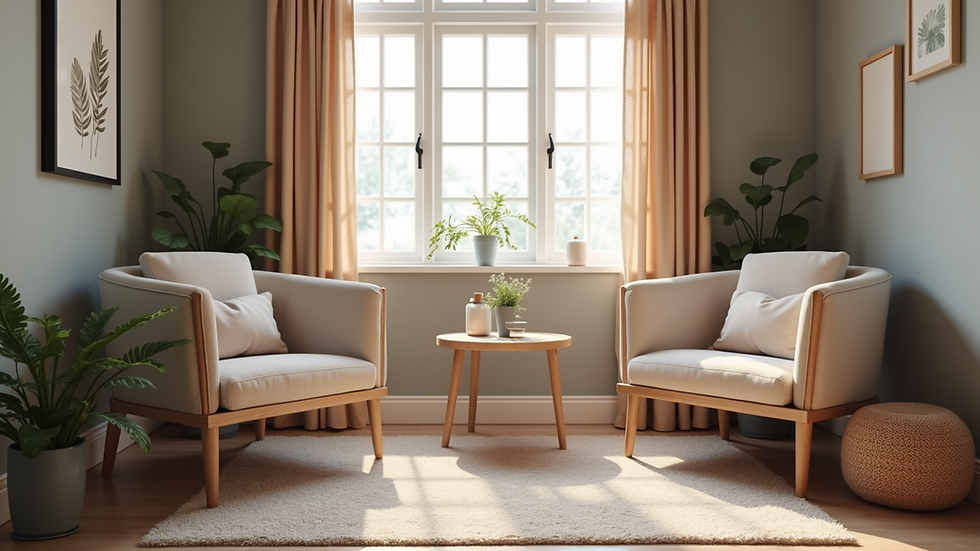 Eye-level view of a cozy therapy office with two chairs and a small table