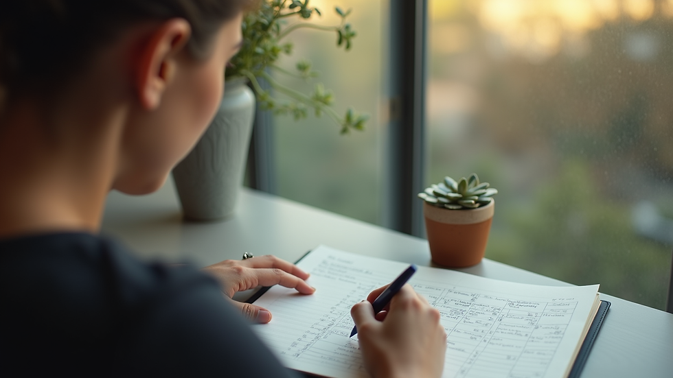 Plano medio de una persona escribiendo en un diario en un espacio tranquilo
