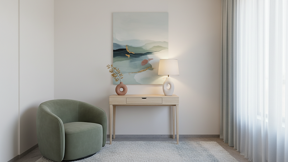 Vista a nivel de ojo de una sala de terapia con silla y escritorio minimalista