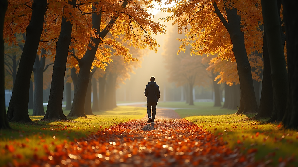 Vista a nivel de ojo de una persona caminando en un parque con hojas caídas en otoño