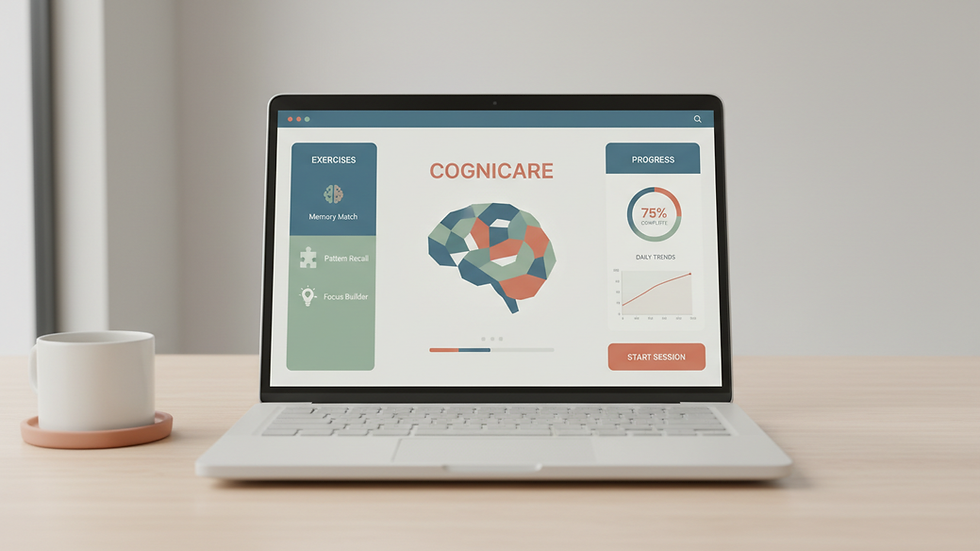 Vista frontal de una computadora portátil con software de rehabilitación cognitiva abierto