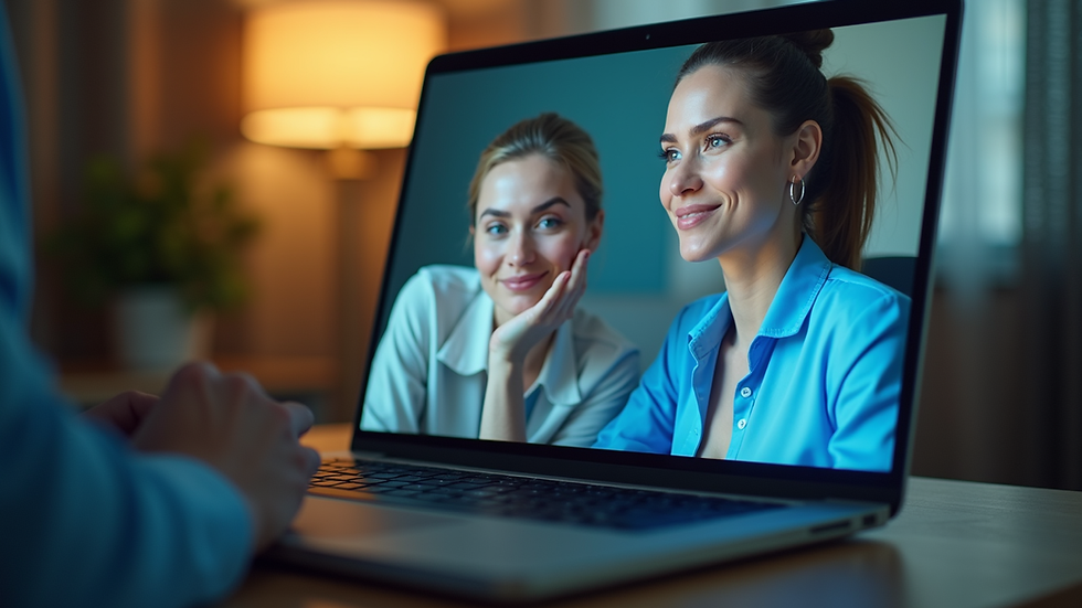 Vista frontal de una computadora portátil encendida con una sesión de terapia en línea