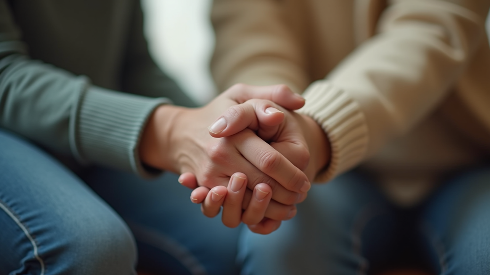 Close-up view of a couple holding hands during an online therapy session