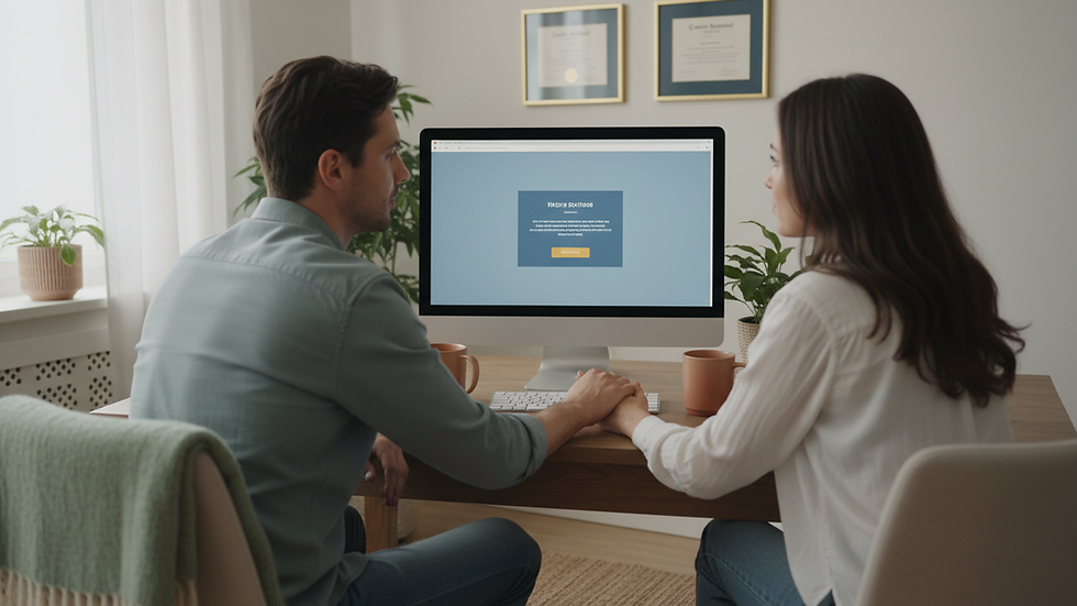 Vista a nivel de ojo de una pareja conversando frente a una computadora en una sesión de terapia online