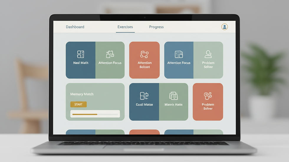 Vista a nivel de ojo de una computadora portátil con software de rehabilitación cognitiva
