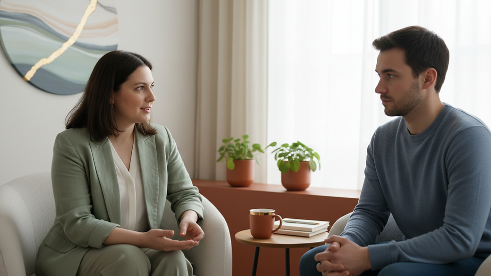 Close-up view of a therapy session with a psychologist and patient in a calm room