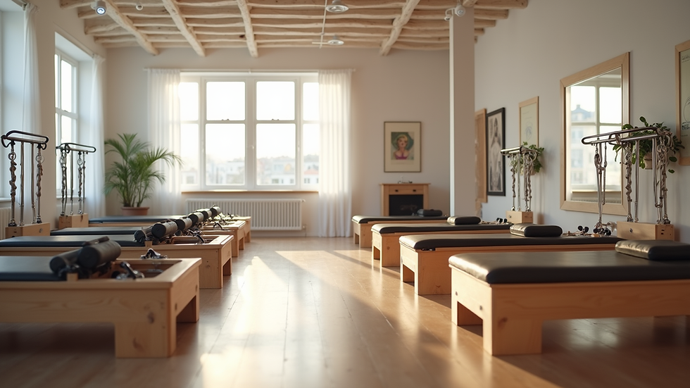 Eye-level view of a Pilates studio with reformer machines arranged neatly