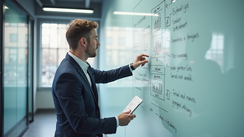 Close-up view of a consultant explaining digital transformation strategy on a whiteboard