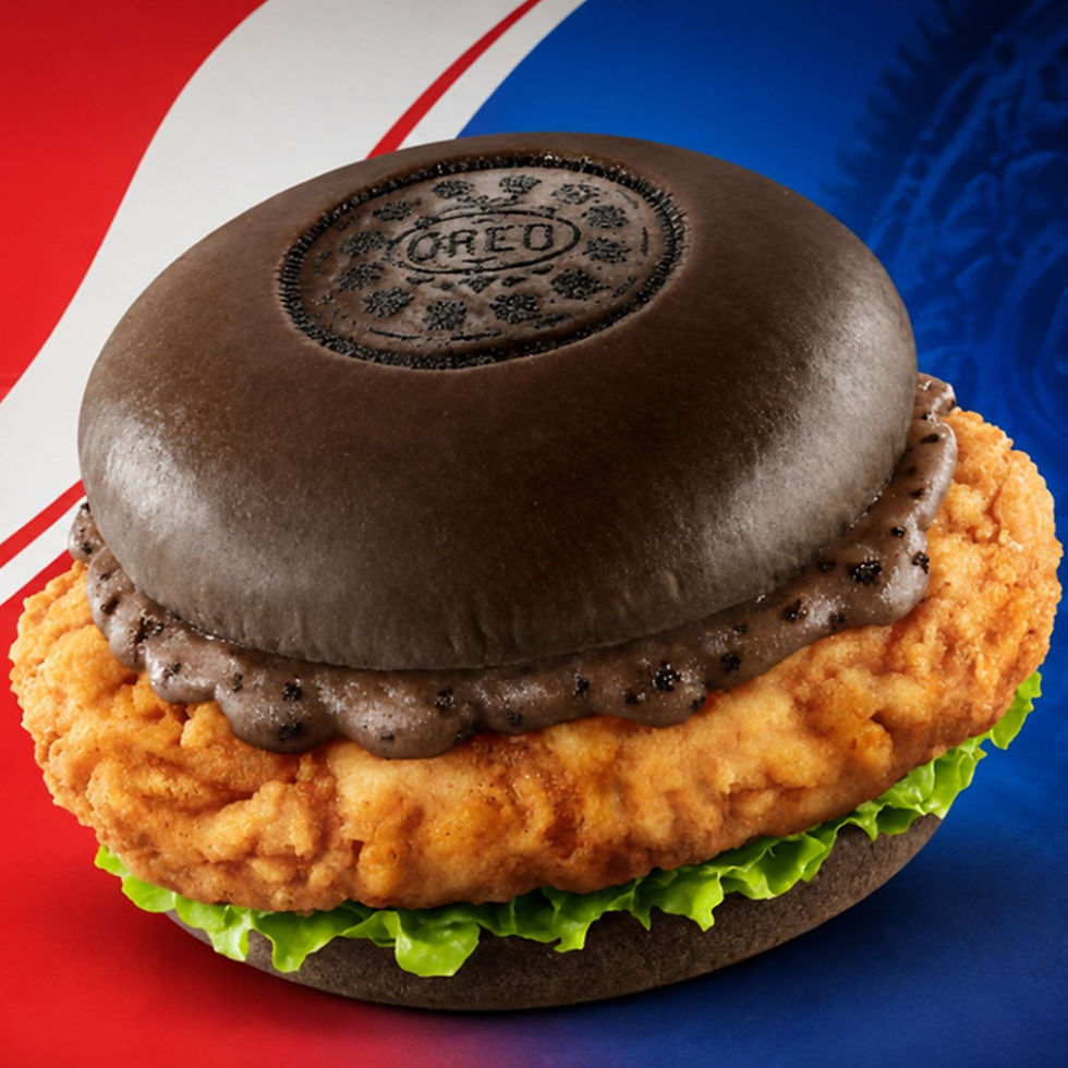 The KFC Oreo chicken burger featuring a cookie-style buns, mashed potatoes covered in crushed Oreo pieces, a fried chicken fillet and launches in China on August 28