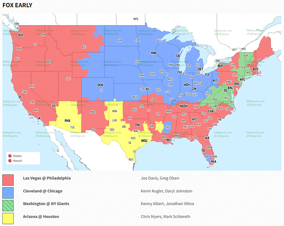 US map showing NFL game broadcast regions in red, blue, green, and yellow. Key: red for Las Vegas vs Philadelphia, blue for Cleveland vs Chicago.