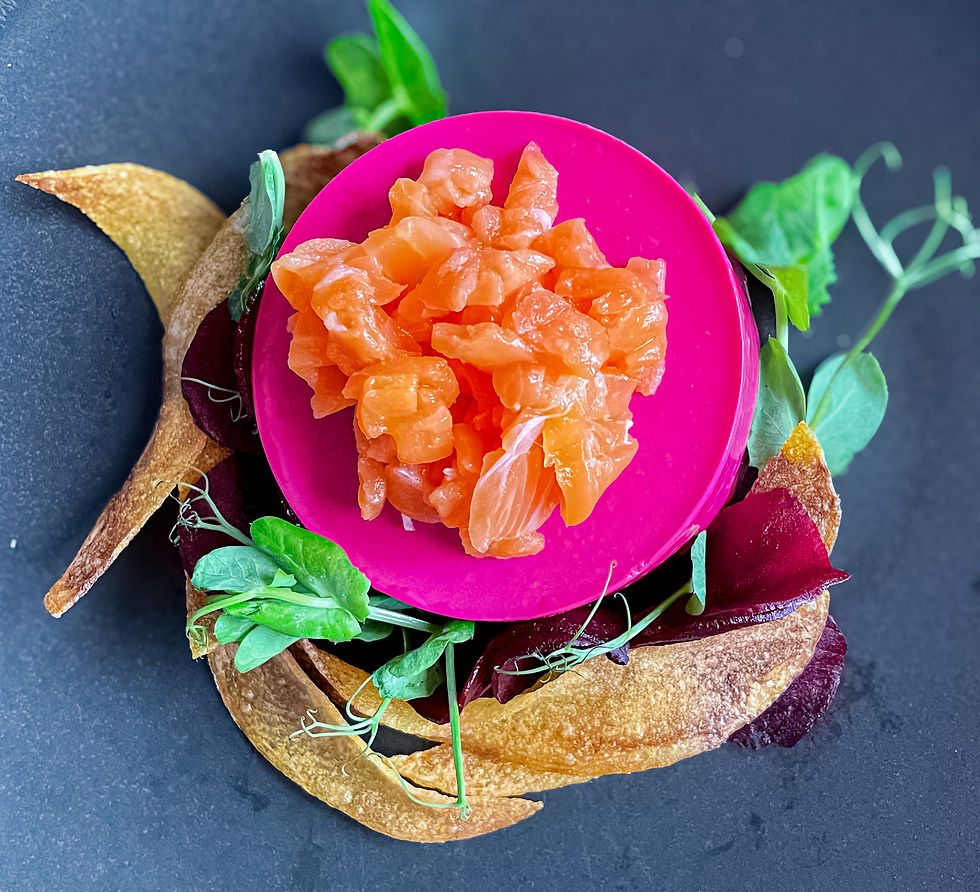 Beetroot and goats cheese mousse with smoked trout ribbons
