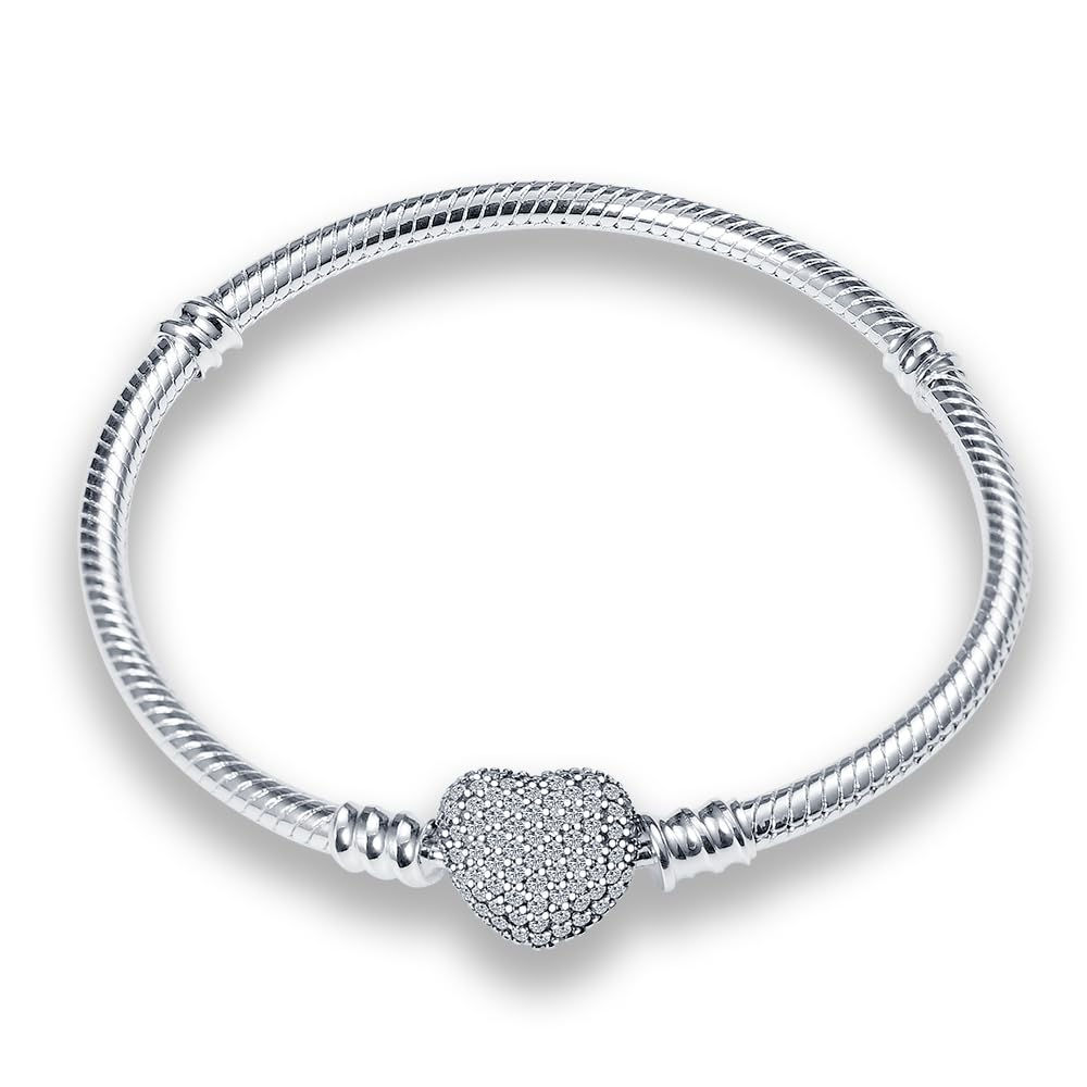 QIKAOLA Bracelet for Women 925 Sterling Silver Snake Chain Bracelet with Heart C