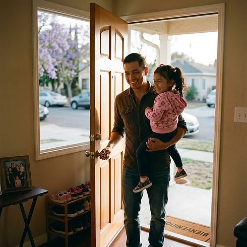 latino man entering his home with his young daughter.jpg