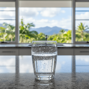 A glass of filtered drinking water on a kitchen bench with tropical Cairns scenery in the background.