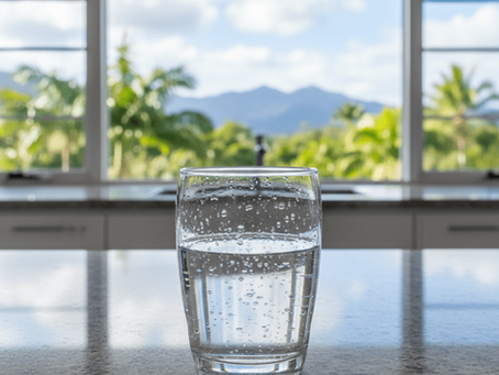 A glass of filtered drinking water on a kitchen bench with tropical Cairns scenery in the background.