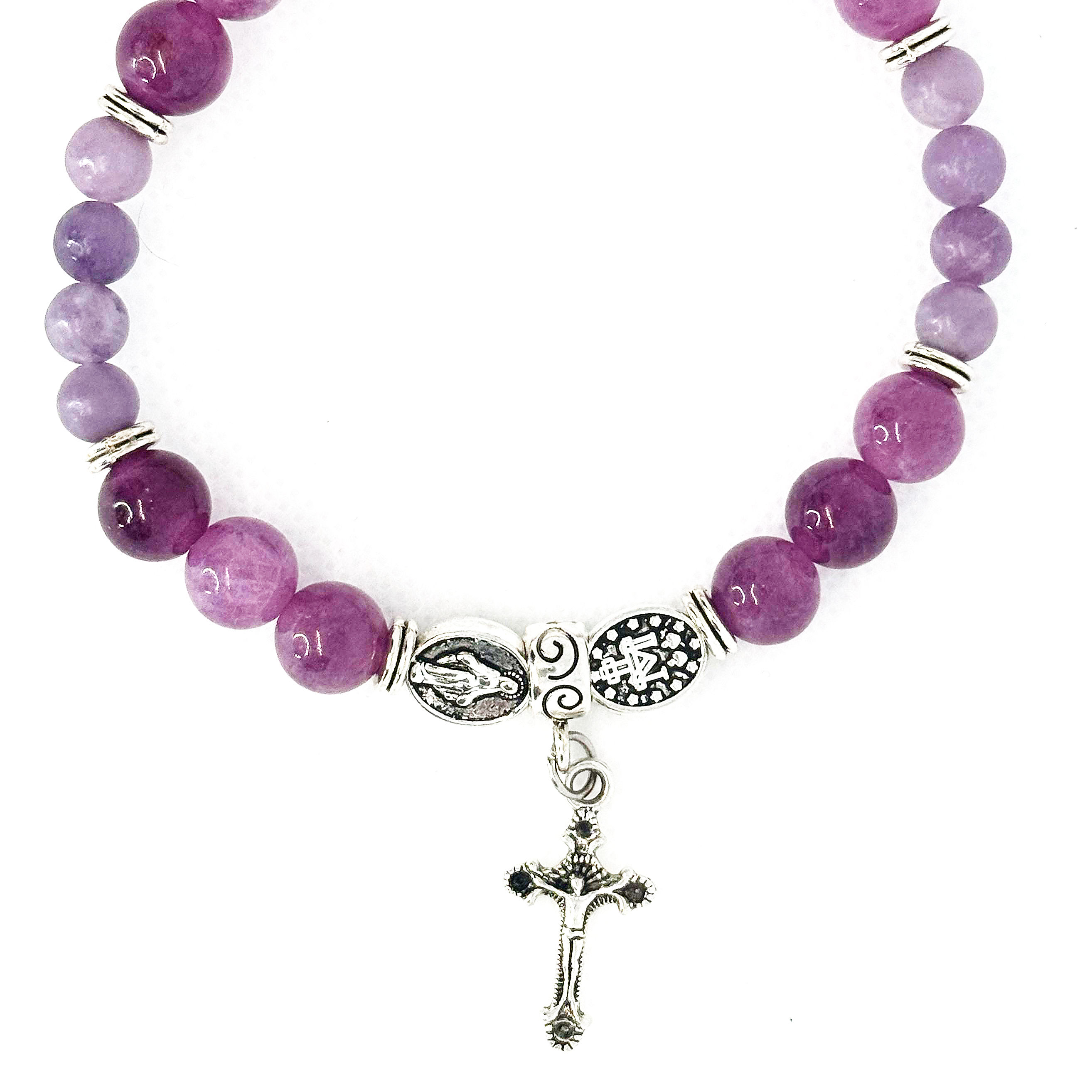 Lepidolite Beaded Bracelet with Onyx Crucifix Charm (7.0”)