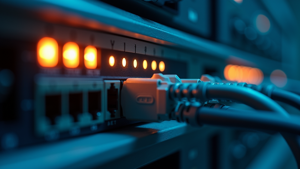 Close-up view of a network switch with blinking lights