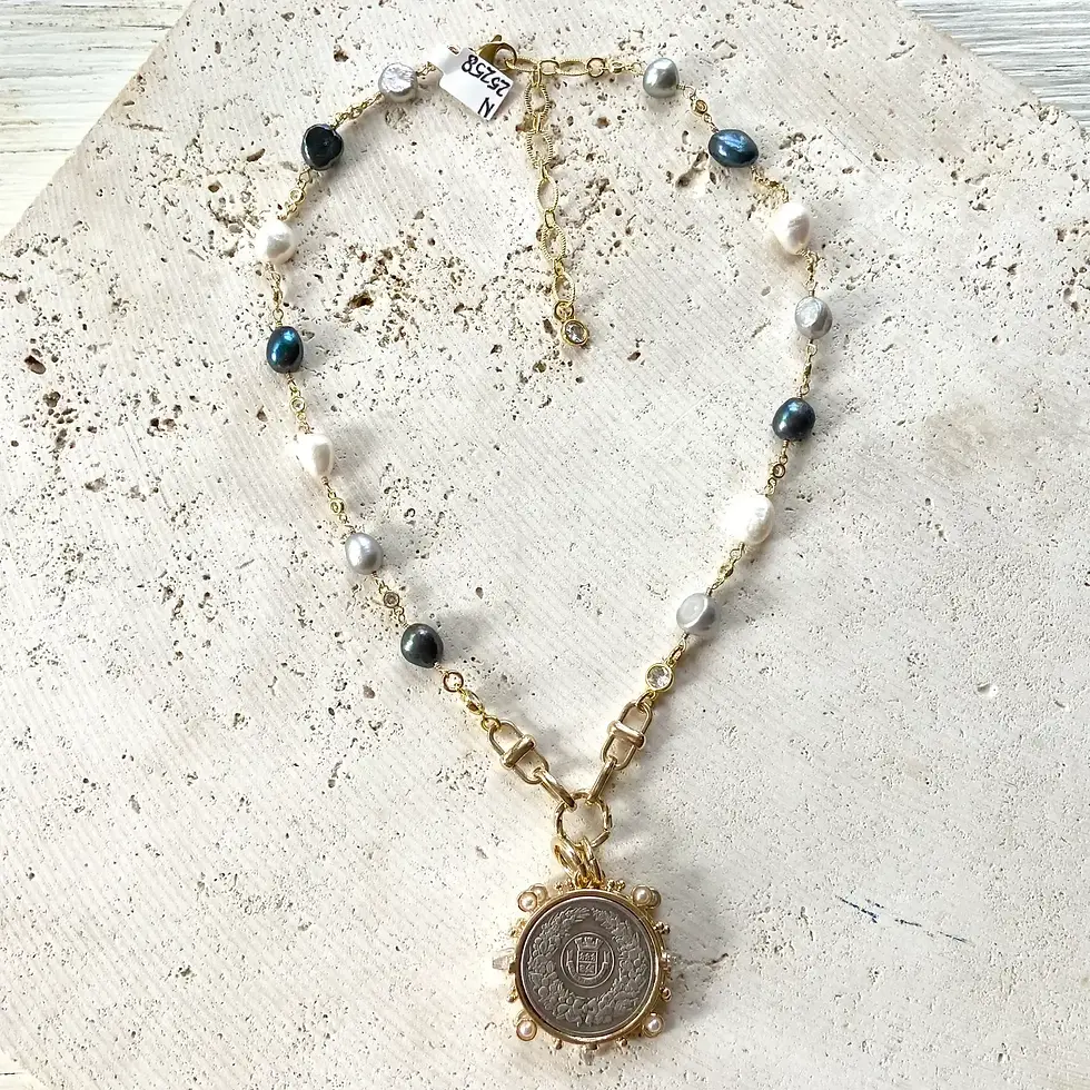 Thumbnail: Denim Pearl French Gold Plated Chain Coin Medallion Necklace