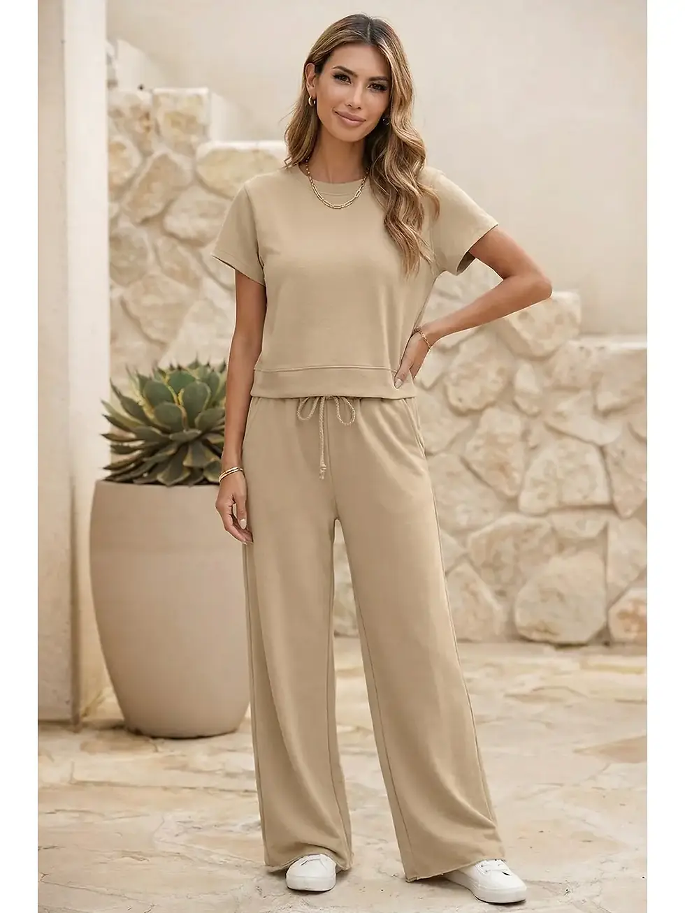 Thumbnail: Color Spring Tee Drawstring Wide Leg Pants 2pcs Outfit