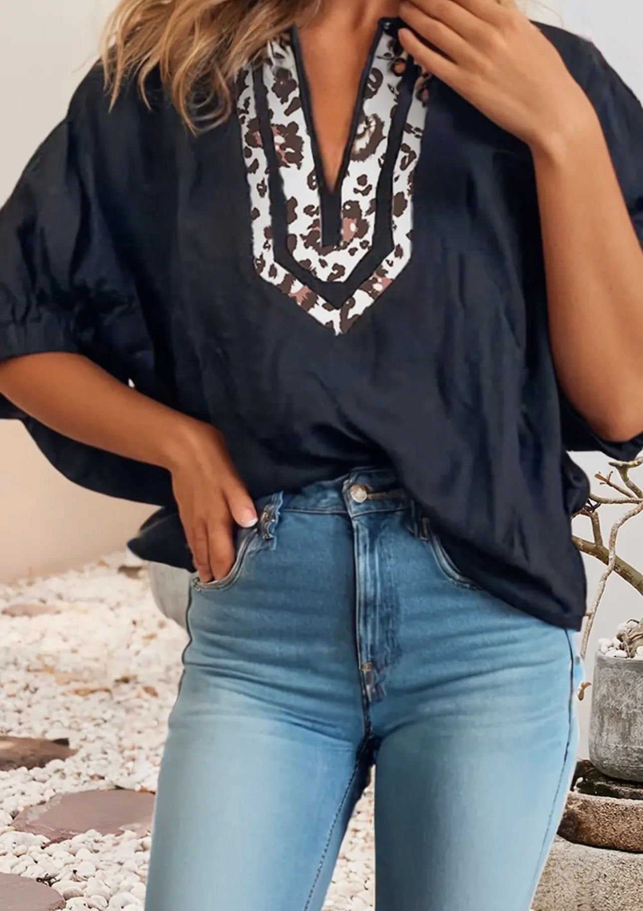 Dolman Leopard Patchwork Trim V Neck Blouse