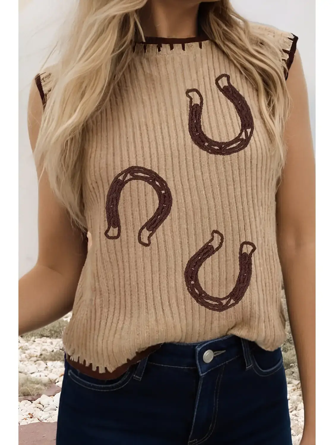 Western Ribbed Knit Contrast Trim Horseshoe  Vest Little Daisy