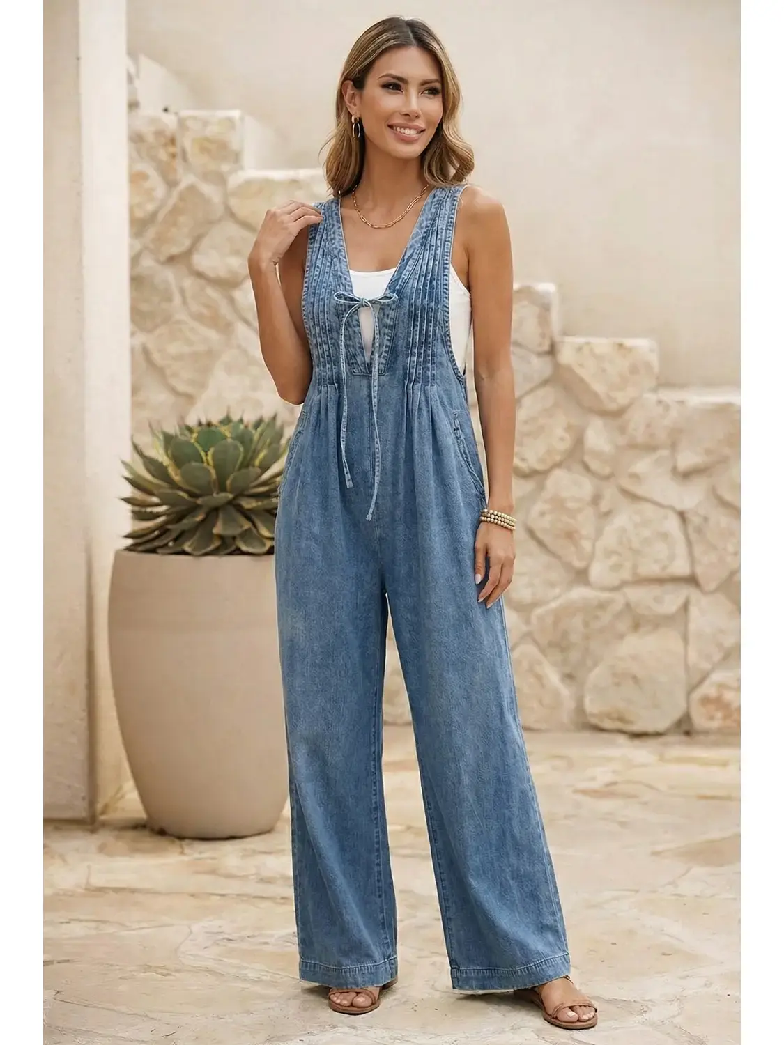 Acid Wash  Pintuck V Neck Jumpsuit