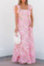 Thumbnail: Floral Print Pink Square Neck Ruffled Strap Max Dress