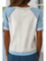 Thumbnail: Denim Color Block Patchwork Round Neck Tee