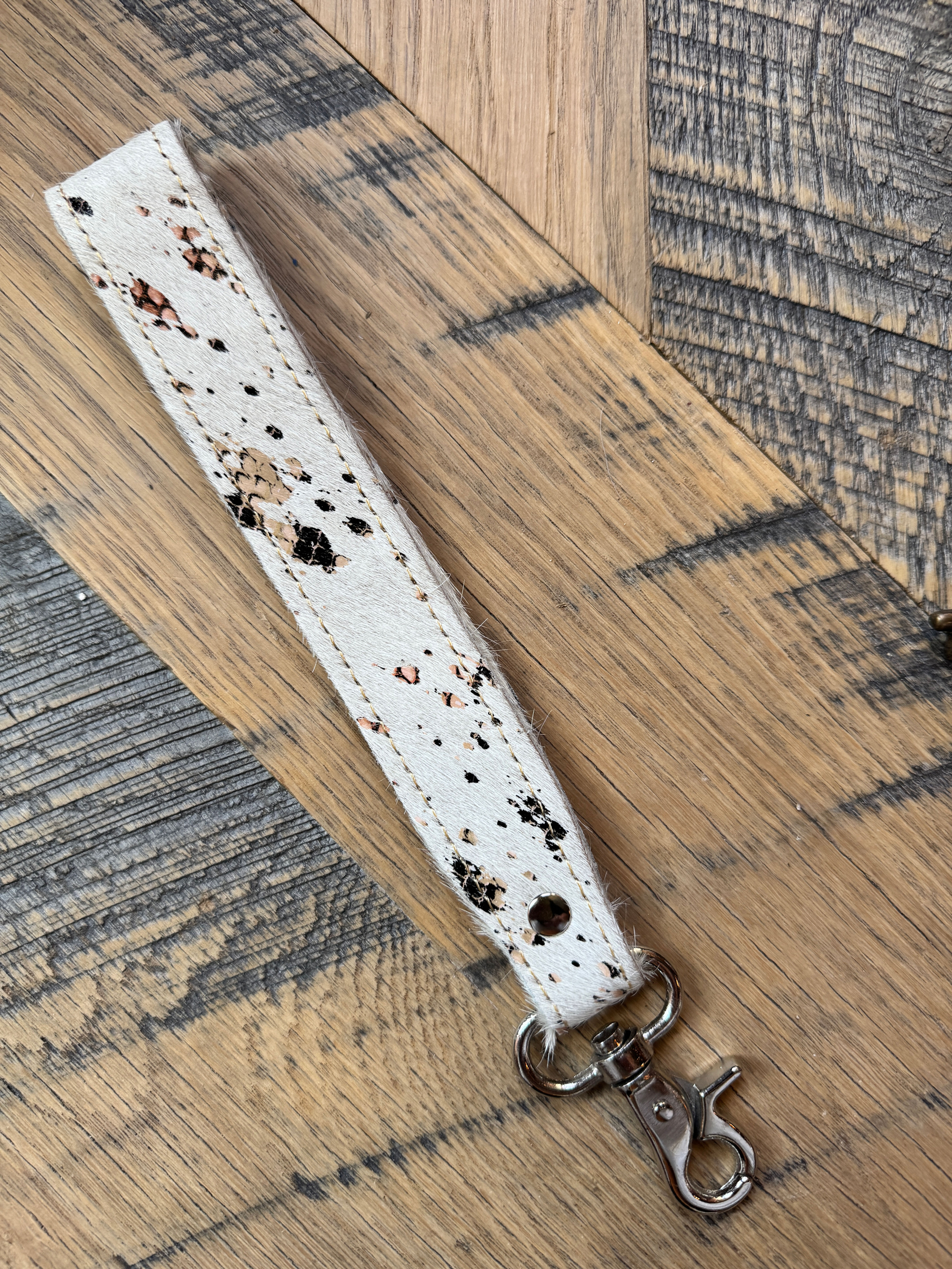 Cowhide Keychain White Silver Colored Clasp