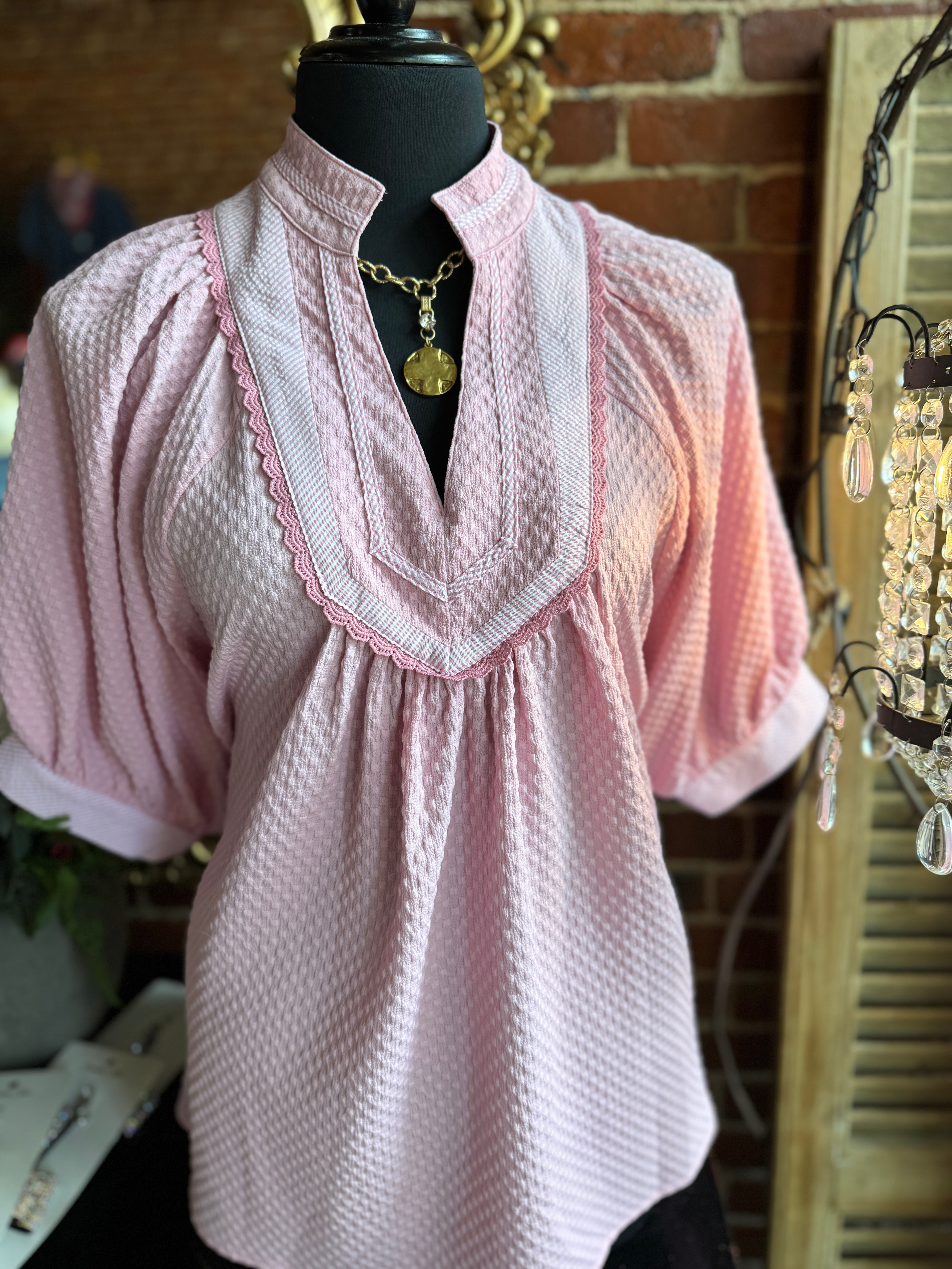 Pink V Neck Puffy Sleeve Short Sleeve Top