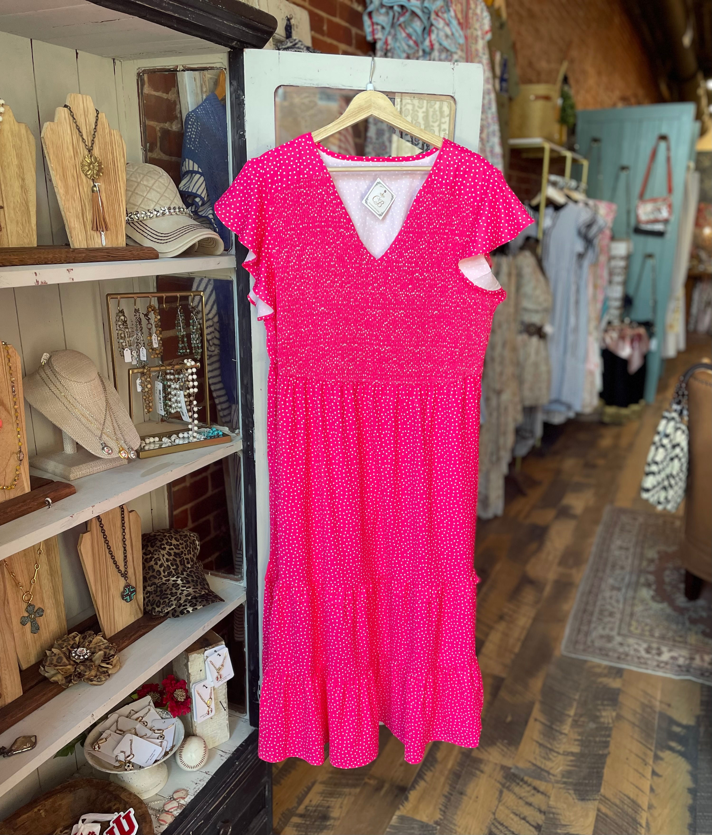 Vibrant Hot Pink Polka Dot Smocked Tiered Midi Dress