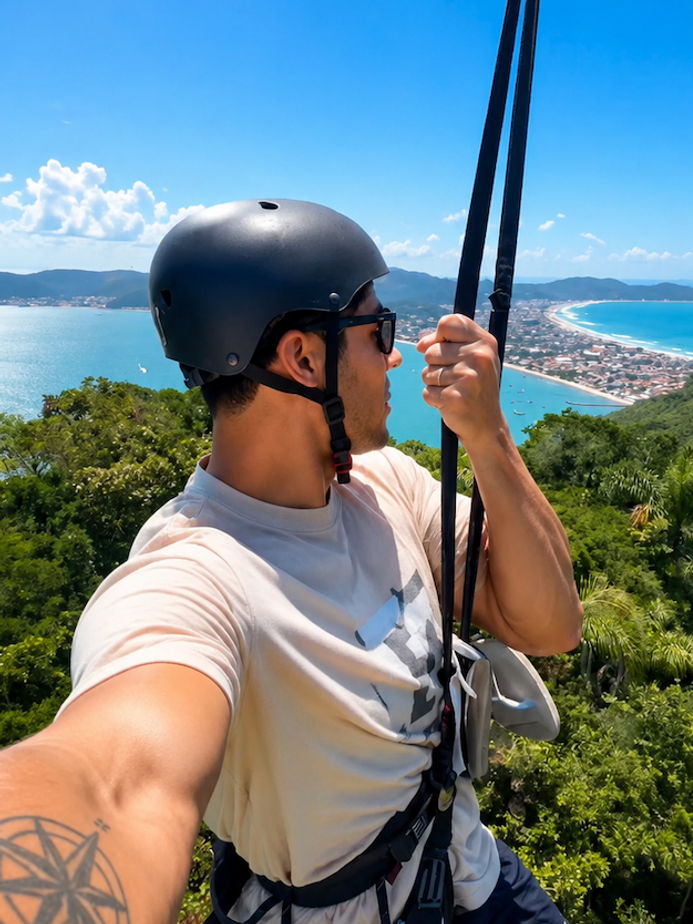 Visitante equipado para rapel observa a paisagem do alto de um morro em Bombinhas, Santa Catarina, com vista para praias, vegetação nativa e o oceano
