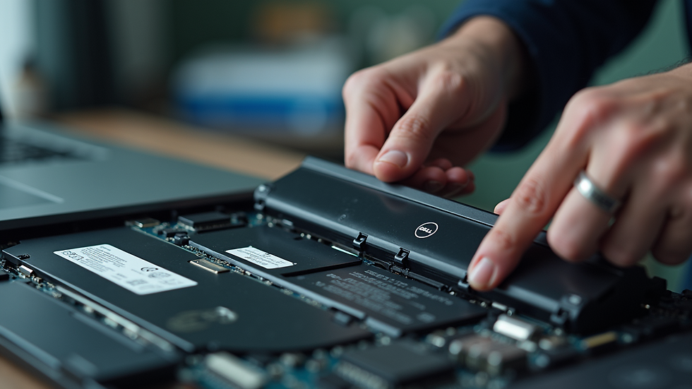 Close-up view of a technician replacing a Dell laptop battery