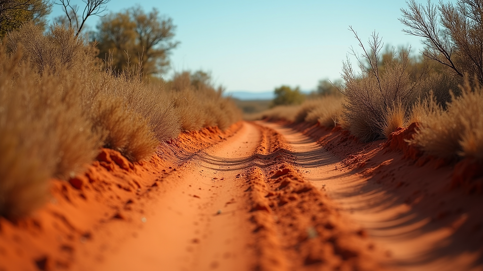 Eye-level view of a rugged outback trail winding through red soil and sparse vegetation