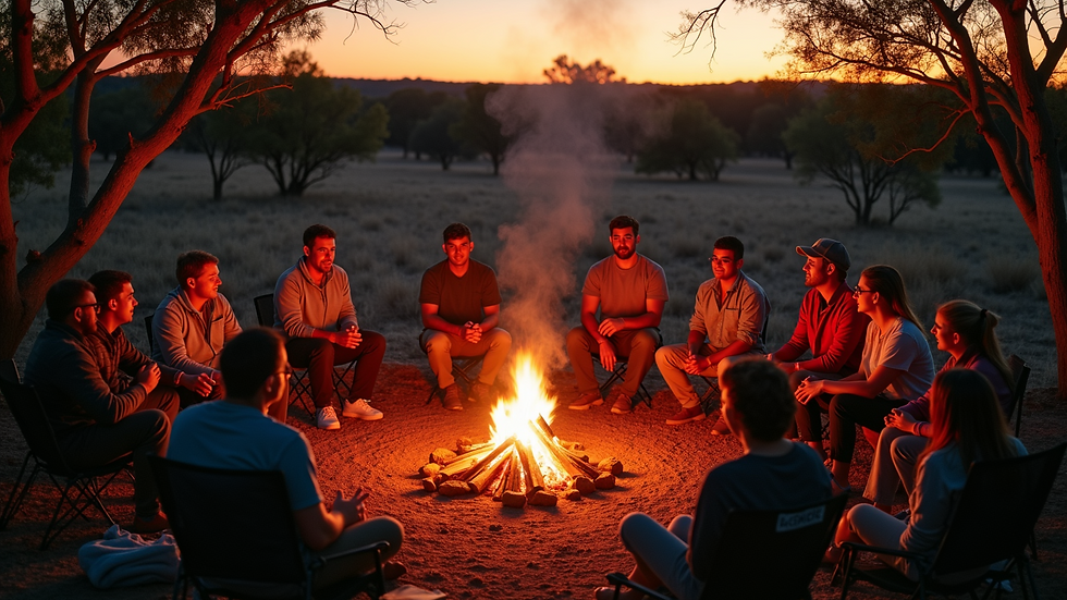 High angle view of a guided tour group gathered around a campfire in the outback at sunset