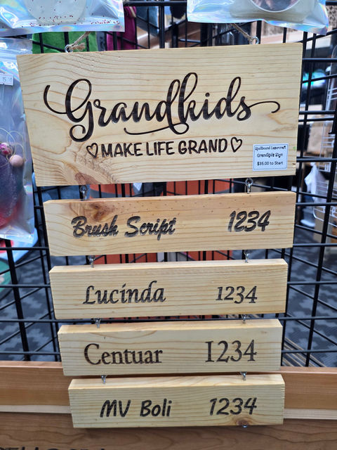 Wooden signs with Grandkids Make Life Grand and various font styles, 1234 addresses