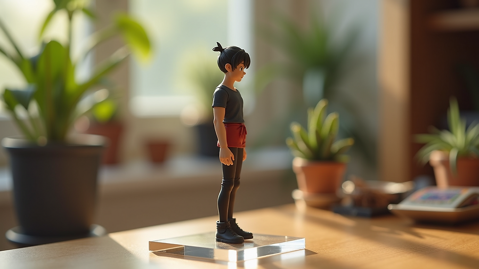 Close-up view of a hyper-realistic 3D figurine on a clear acrylic base