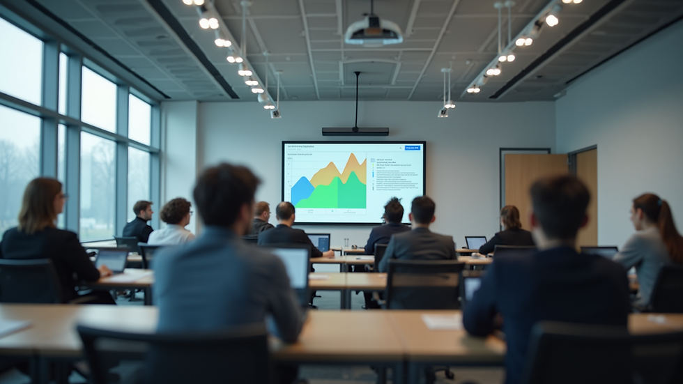 Eye-level view of a modern classroom with students attending a data science training session