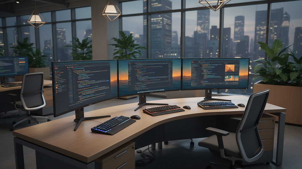 Eye-level view of a modern office workspace with multiple computer screens showing code