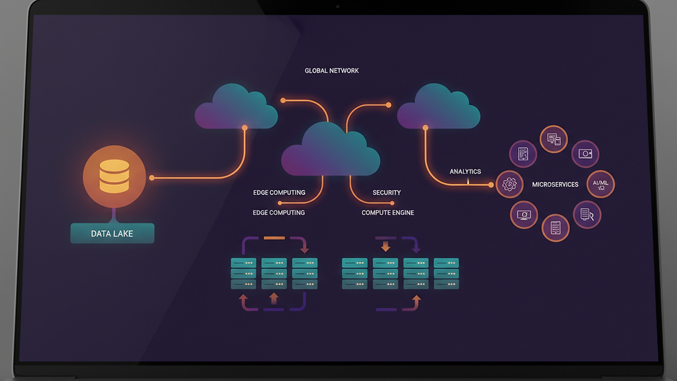 Close-up view of a laptop screen displaying cloud infrastructure architecture
