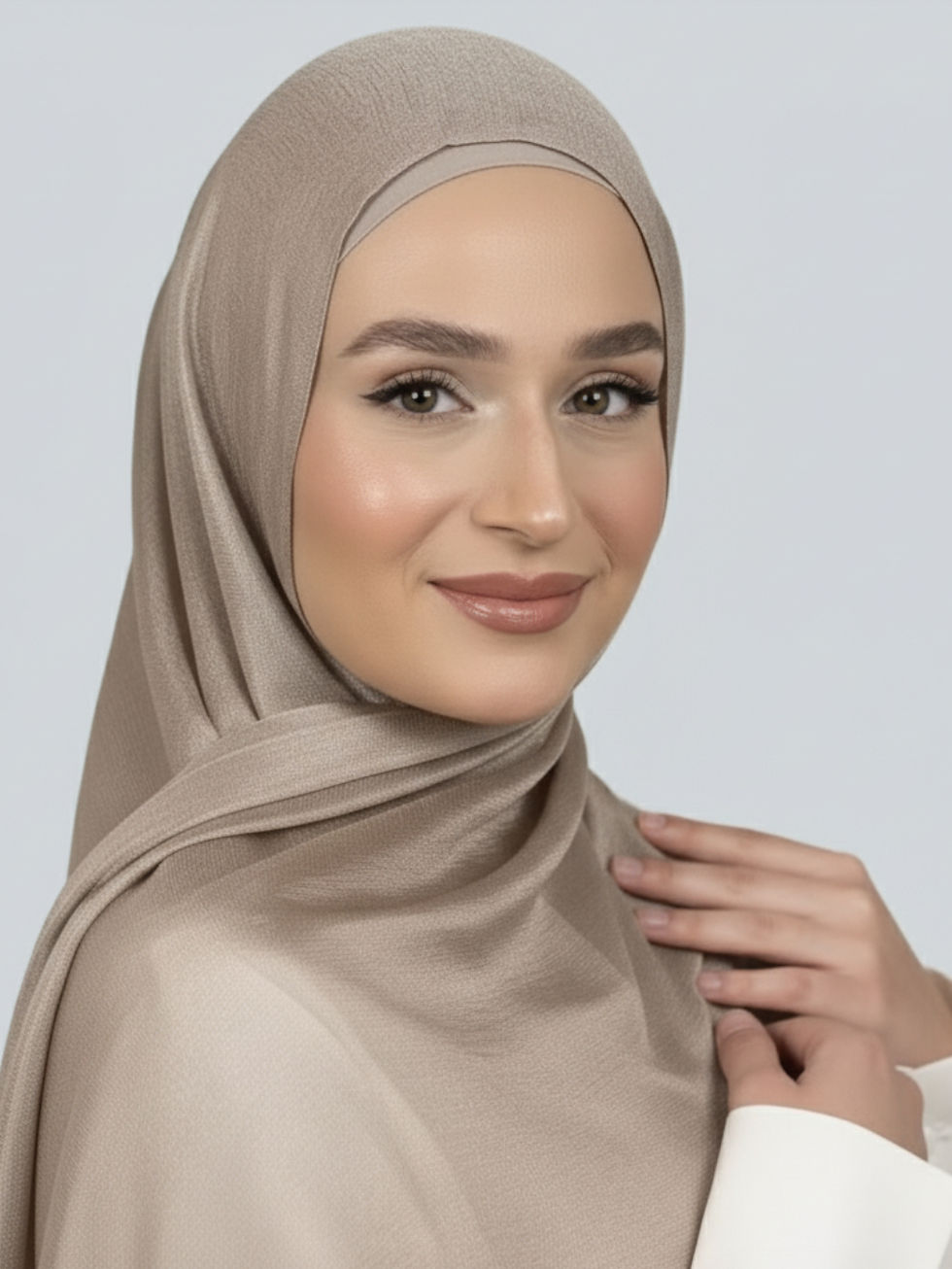 Model wearing caramel beige shimmery hijab