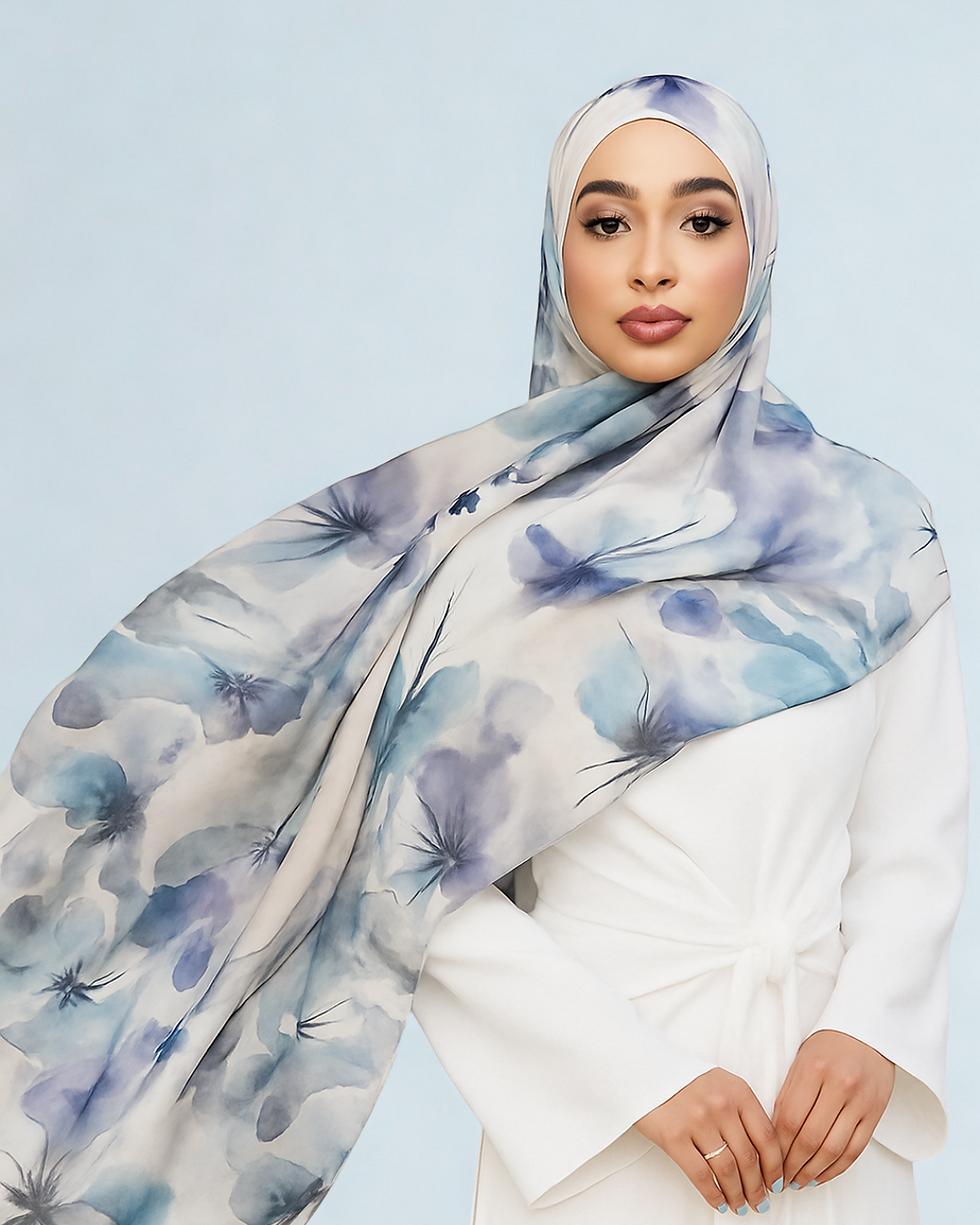 Model wearing watercolor bloom hijab