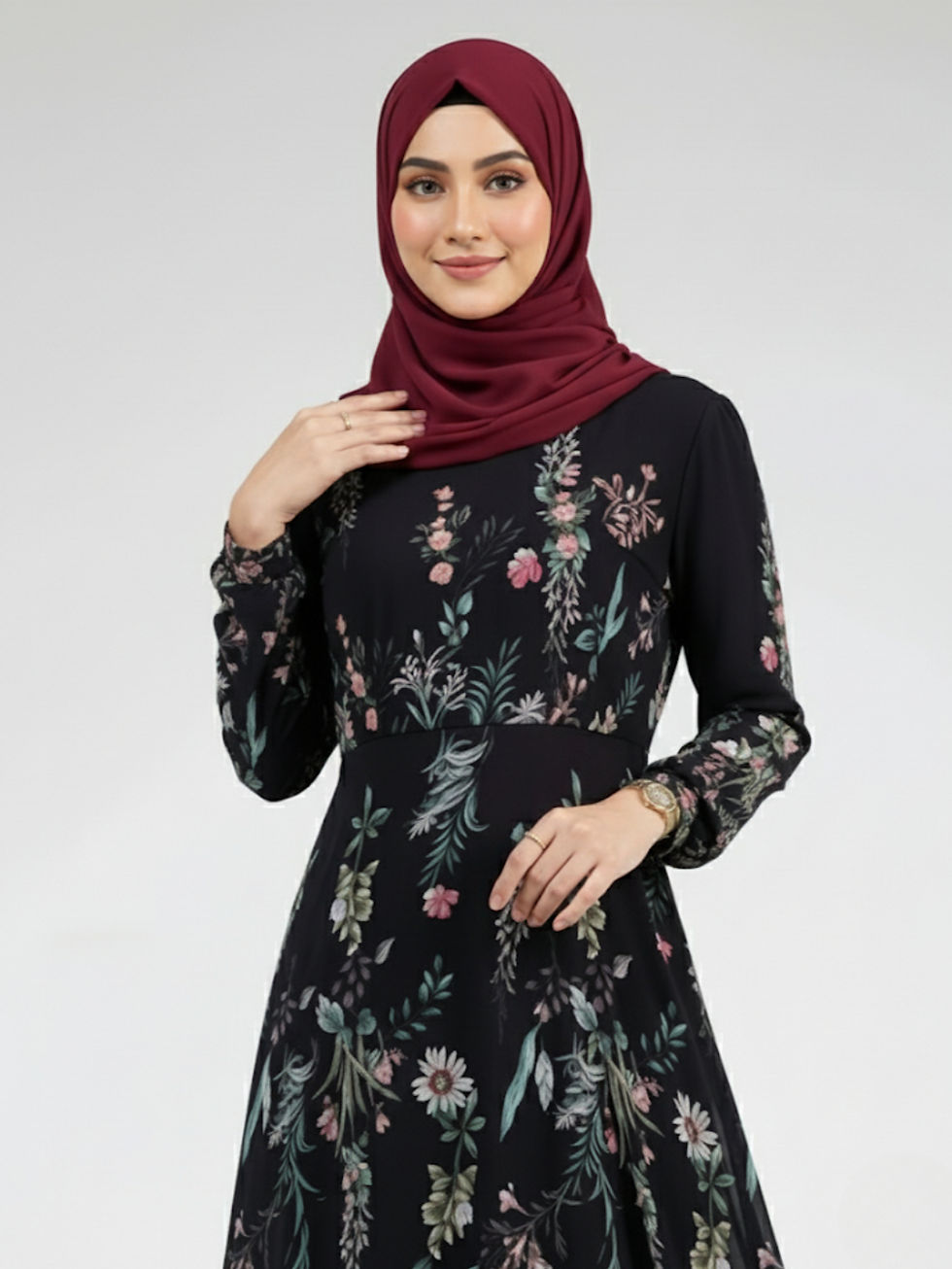 Thumbnail: Model wearing Wardah Bloom Dress and showcasing close up of the dress