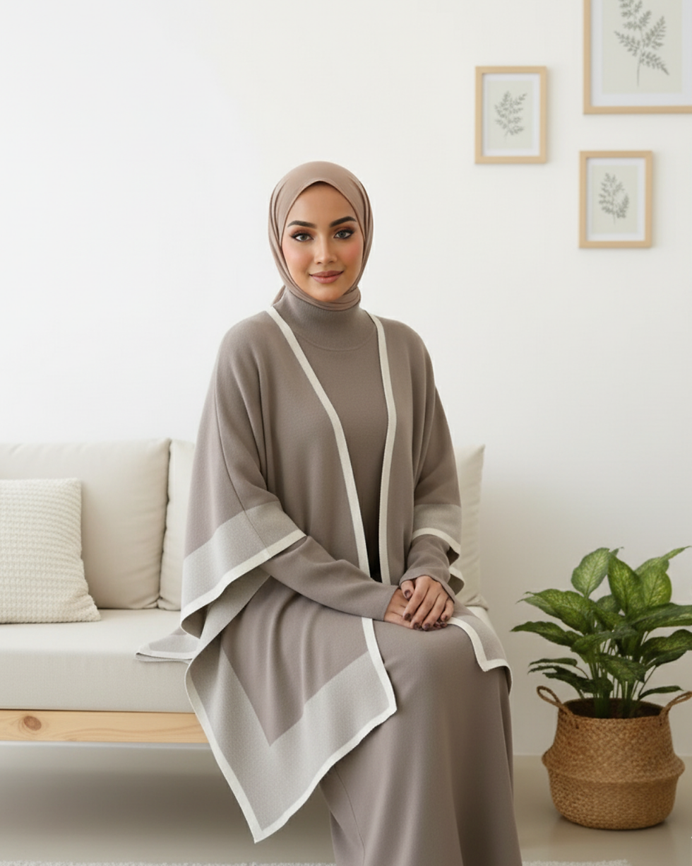 model wearing Sakinah Serene Shrug set in grey