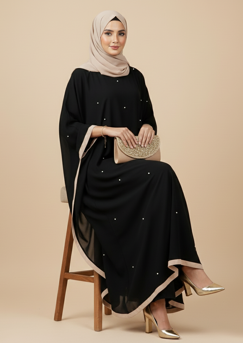 Model wearing Layla Pearl Abaya in Black and posing while sitting