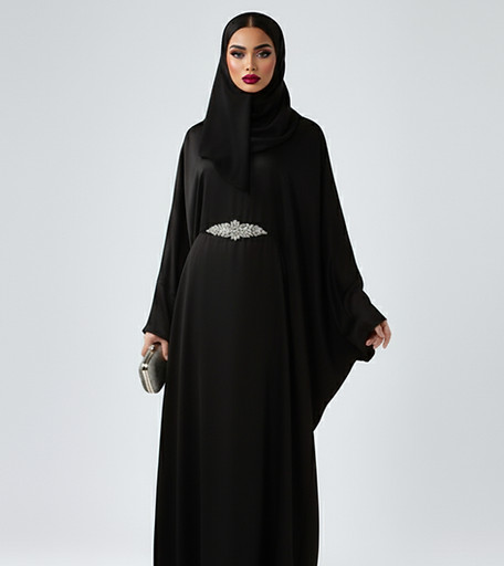 Model wearing Sahar batwing abaya in champagne colour